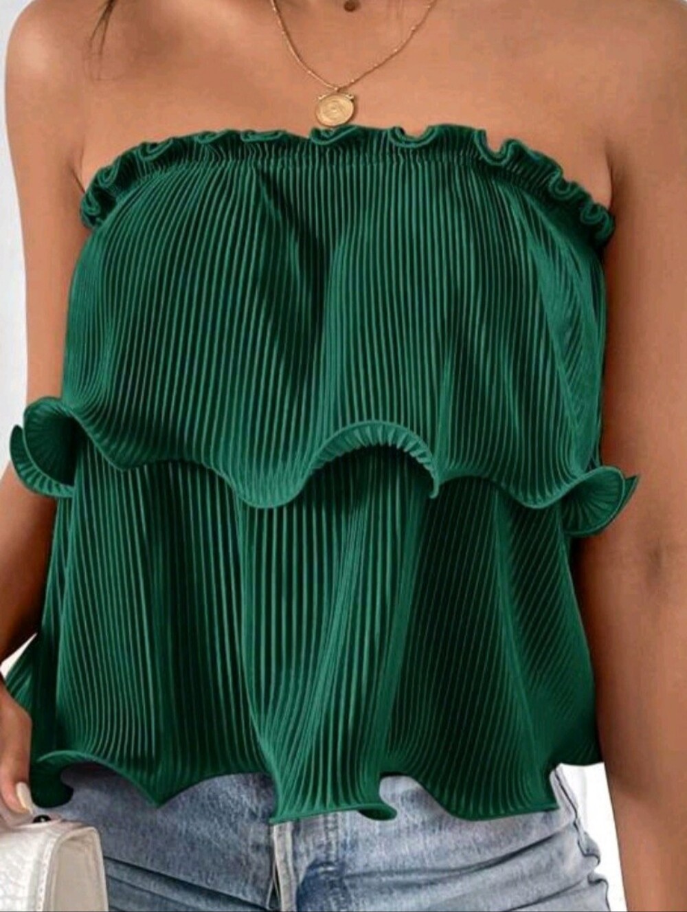 Strapless Ruffled Pleated Top in Emerald Green